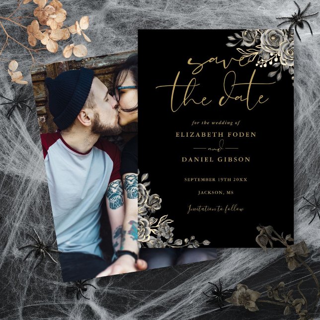 Schwarz-Gold-Gotik-Foto Save The Date (Black And Gold Gothic Floral Photo Wedding Save The Date)