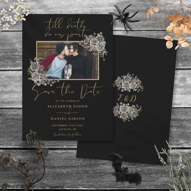 Schwarz-Gold-Gotik-Foto Save The Date (Black And Gold Gothic Floral Photo Wedding Save The Date)