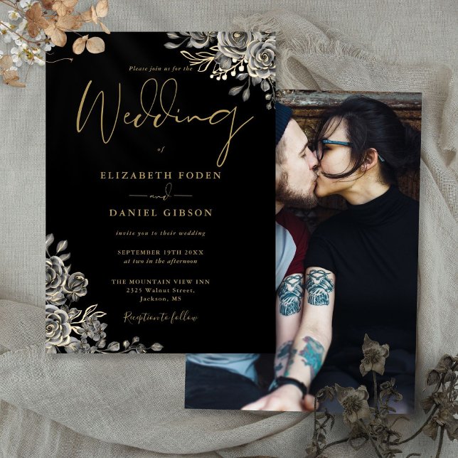 Schwarz-Gold-Gotik-Rose Blumenzwiebeln Foto Einladung (Black And Gold Gothic Roses Floral Photo Wedding Invitation)