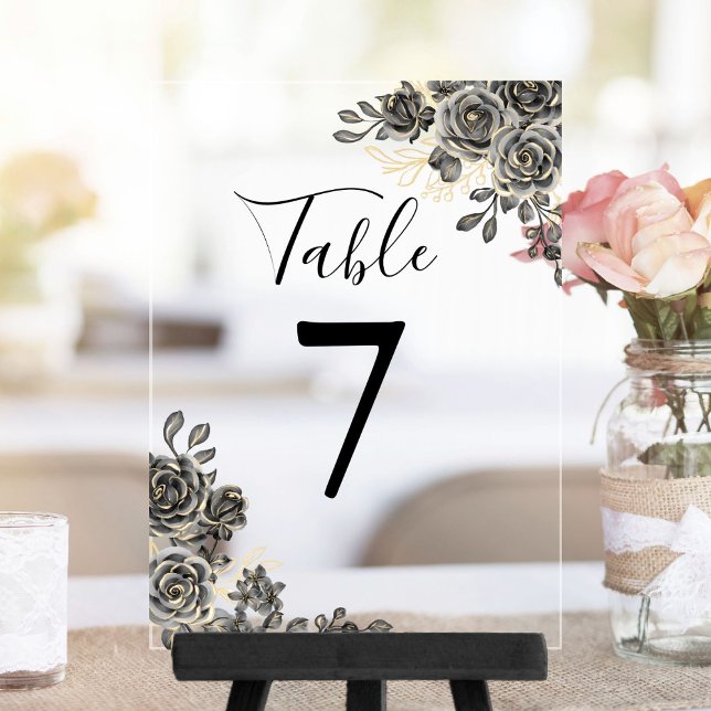 Schwarz-Gold-Gotik-Tischnummer Acryleinladungen (Black And Gold Gothic Floral Table Number)