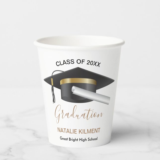 Schwarz-Gold-Graduate-Cap-Abschluss 2022 Pappbecher (Vorderseite)