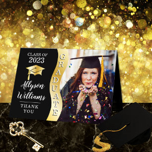 Schwarz Gold Graduate Wave Grad Cap Foto Dankeskarte