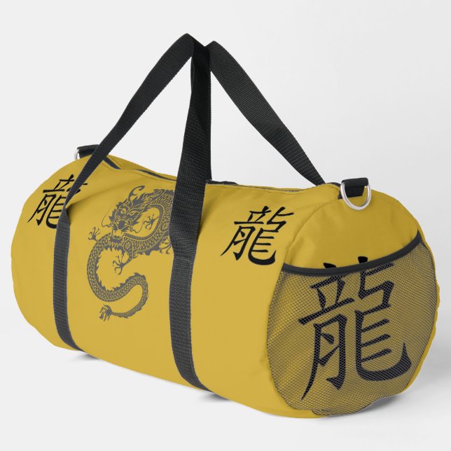 Schwarz, Gold, Grau, Jahr des Drachen Chinesisch Z Duffle Bag (Rechte Ecke)