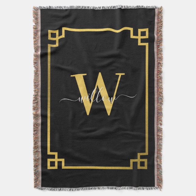 Schwarz-Gold-Griechisch-Mit Monogramm Throw-Blanke Decke (Vorderseite Vertikal)