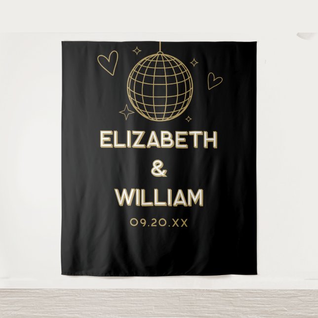 Schwarz-Gold Groovy Disco Hochzeitsfeier Foto Hint Wandteppich (Vorderseite)