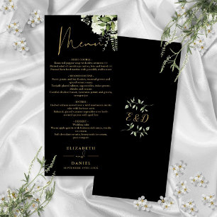 Schwarz-Gold-Grün-Monogramm-Hochzeitsessen Menükarte