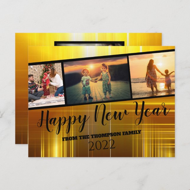 Schwarz-Gold-Happy-Neujahrsfoto-Collage Postkarte (Vorne/Hinten)
