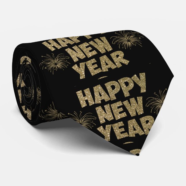 Schwarz-Gold-Happy New Year Mens Krawatte (Gerollt)