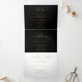 Schwarz-Gold-Herz-Hochzeit Dreifach Gefaltete Einladung