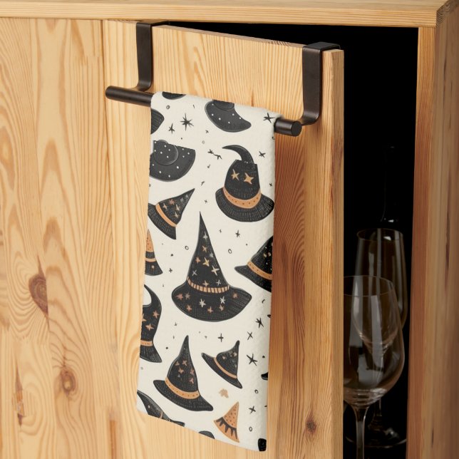 Schwarz-Gold-Hexe-Hasenstars-Creme Halloween Geschirrtuch (Drittel gefaltet)