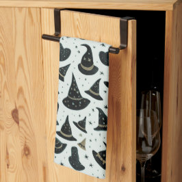 Schwarz-Gold-Hexe-Hats-Sterne-Grünes Halloween Geschirrtuch