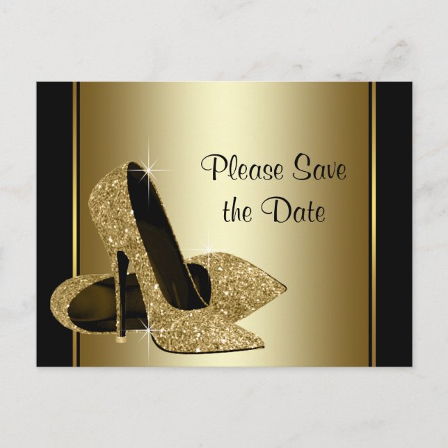 Schwarz-Gold High Heel Shoe Save the Date Ankündigungspostkarte (Vorderseite)