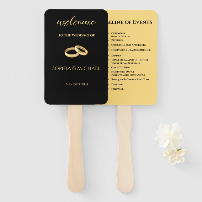 Schwarz-Gold-Hochzeitsprogramm- Fächer (Vorne und Hinten)