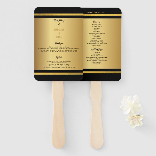 Schwarz-Gold-Hochzeitsprogramme Fächer (Vorne und Hinten)