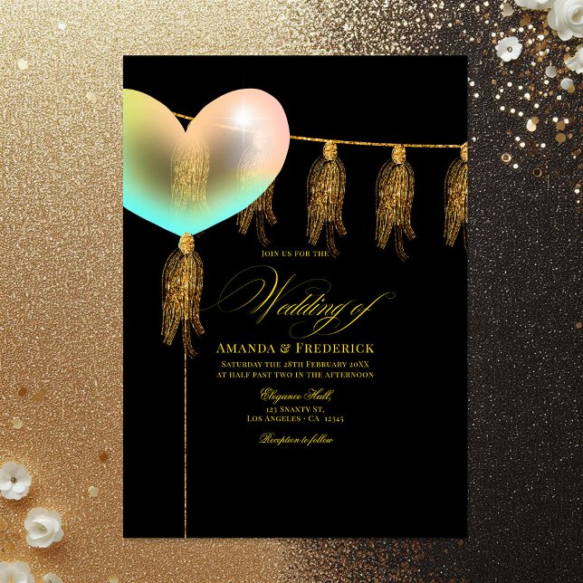 Schwarz-Gold-Iridescent-Herz-Hochzeit Einladung (Black and Gold Iridescent Heart Wedding Invitation)