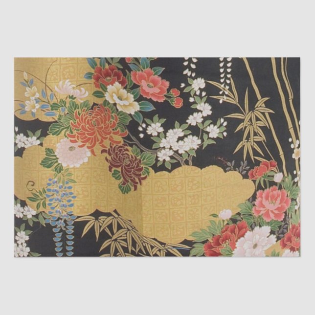 Schwarz-Gold-Japanische Kimono-Dekoupage Seidenpapier (Vorderseite)