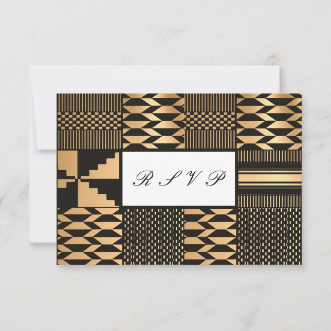 Schwarz - Gold Kente (weiß) RSVP Karte (Vorderseite)