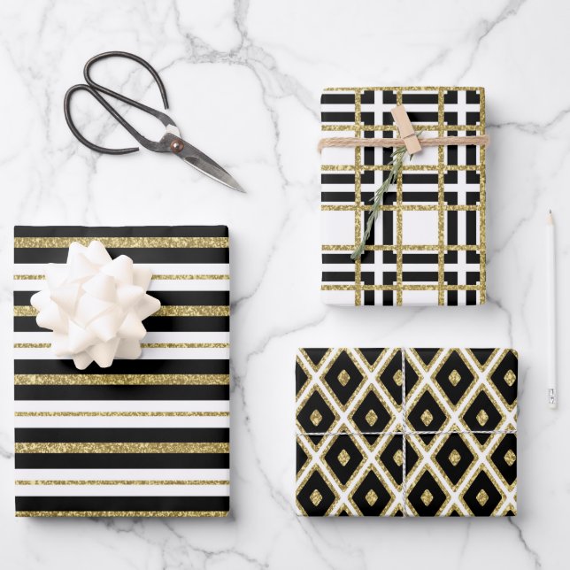 Schwarz Gold Klassiker  Geschenkpapier Set (Vorderseite)