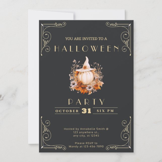 Schwarz-Gold-Kürbis Halloween Einladung (Vorderseite)