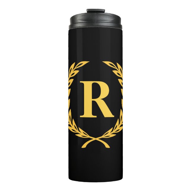 Schwarz-Gold-Laurel-Wreath-Monogramm Thermosbecher (Vorderseite)