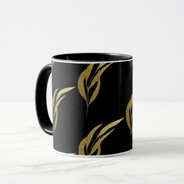 Schwarz-Gold-Leaf-Muster-Kaffee Tasse (Vorderseite Links)