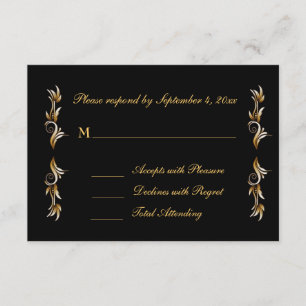 Schwarz, Gold Leaf Scroll Response RSVP Karte