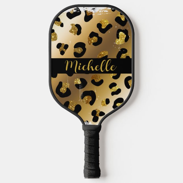Schwarz-Gold-Leopard-Tierdruckmonogramm Pickleball Schläger (Vorderseite)