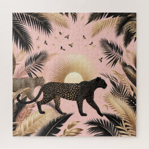 Schwarz-Gold-Leopard vor rosa Hintergrund Puzzle
