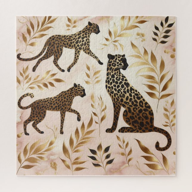 Schwarz-Gold-Leopard vor rosa Hintergrund Puzzle (Vertikal)