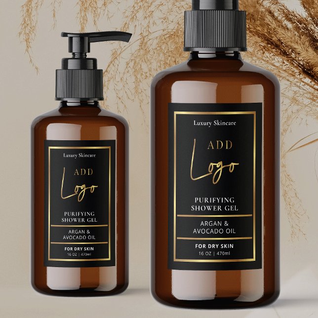 Schwarz & Gold Logo 8 bis 16 OZ Kosmetisches Flasc Lebensmitteletikett (Modern black and gold logo cosmetics waterproof label with fully editable text and gold effects)
