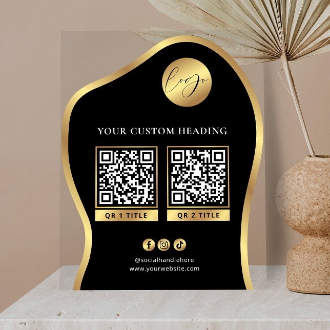 Schwarz & Gold Logo Geschäft 2 QR-Codes Werbe- Acrylschild (Von Creator hochgeladen)