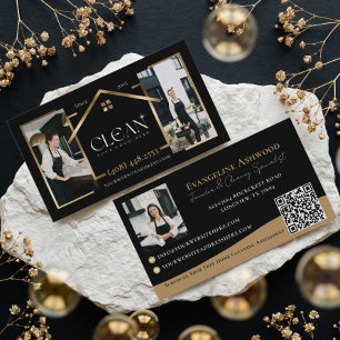 Schwarz & Gold Luxus-Hausreinigung Foto Logo QR Visitenkarte