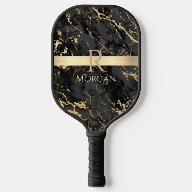 Schwarz-Gold-Marmor, Gold-Bar, Name und Monogramm Pickleball Schläger (Vorderseite)