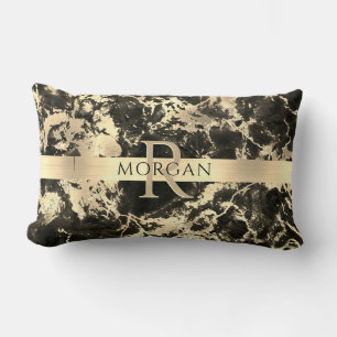 Schwarz+Gold Marmor, Gold Streifen, Name+Monogramm Lendenkissen