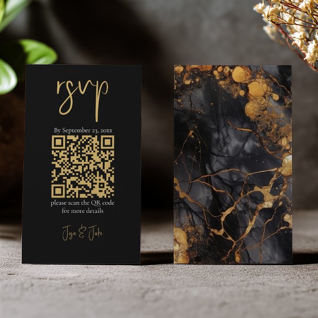 Schwarz-Gold-Marmor, QR-Code Hochzeit RSVP Begleitkarte (Gold marble rsvp insert card with QR code)