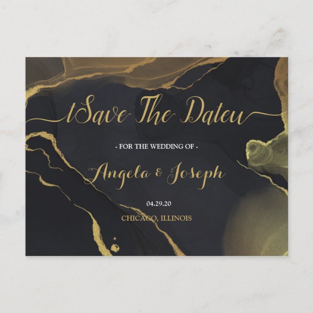 Schwarz-Gold-Marmor Save the Date Postkarte (Vorderseite)