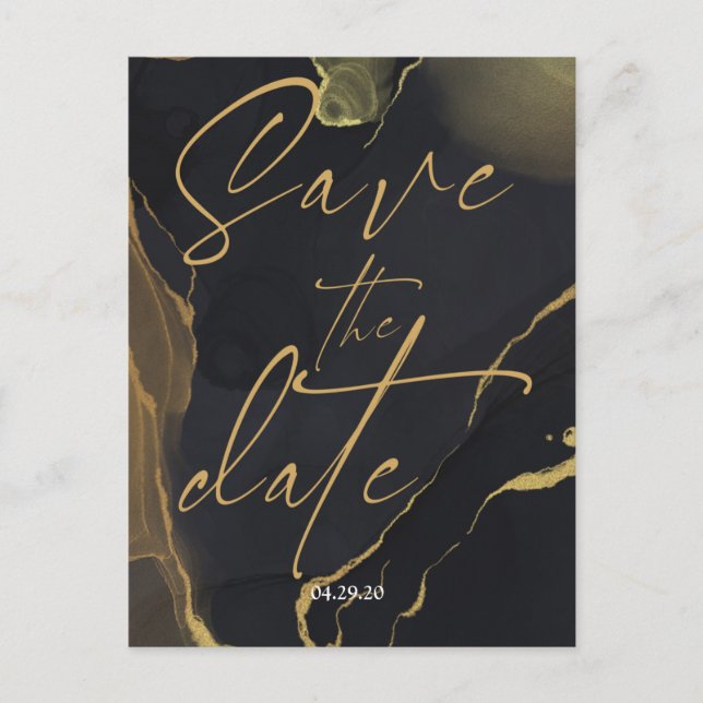 Schwarz-Gold-Marmor Save the Date Postkarte (Vorderseite)