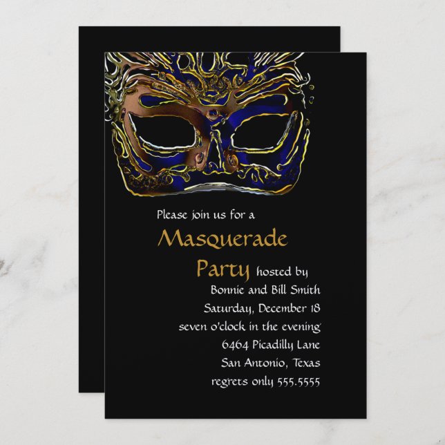 Schwarz-Gold-Masquerade-Party Einladung (Vorne/Hinten)