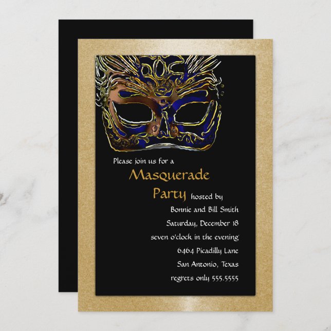 Schwarz-Gold-Masquerade-Party Einladung (Vorne/Hinten)