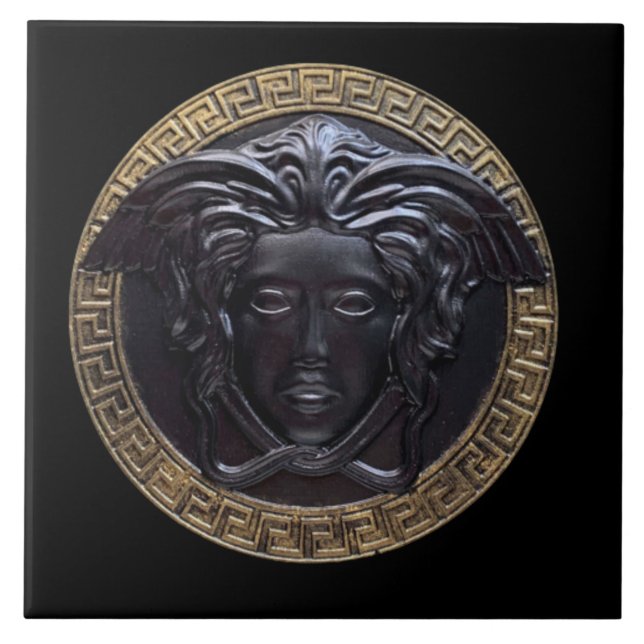 Schwarz-Gold-Medusa-Mauer mit griechischem Schlüss Fliese (Vorderseite)