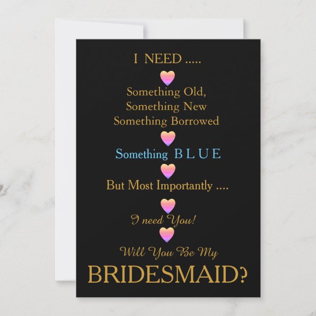 Schwarz & Gold mit Herz wirst du meine Bridesmaid  Einladung (Vorderseite)