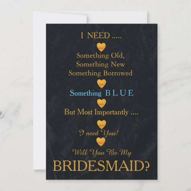 Schwarz & Gold mit Herz wirst du meine Bridesmaid  Einladung (Vorderseite)