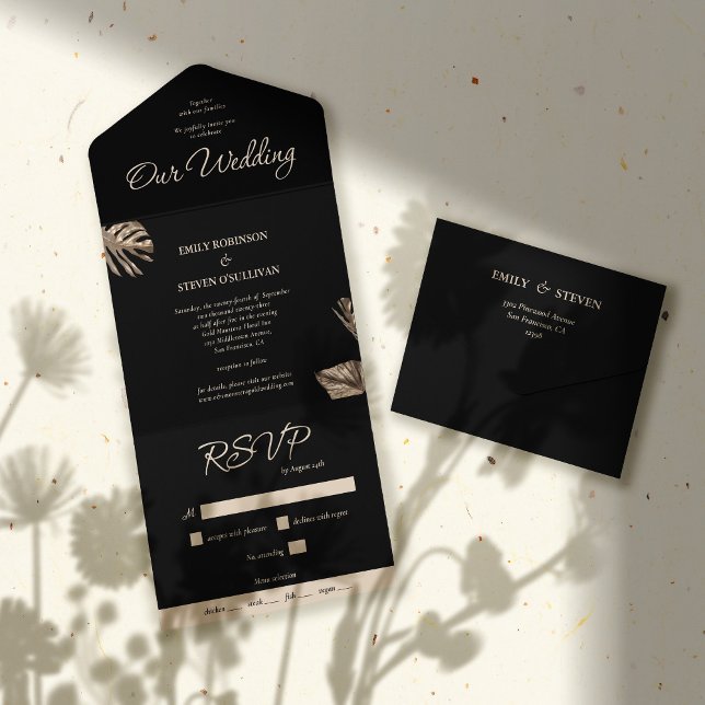 Schwarz & Gold Moderne botanische Hochzeit All In One Einladung (Von Creator hochgeladen)