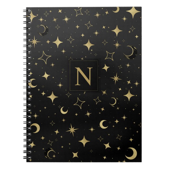 Schwarz & Gold Moderne Himmlische Mond Sterne Hoch Notizblock (Vorderseite)