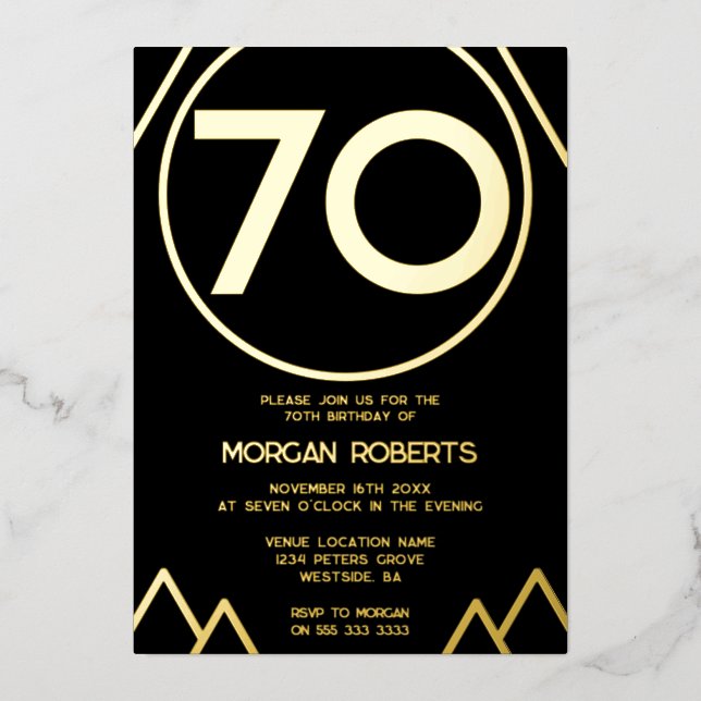 Schwarz & Gold Moderne Männer oder Frauen 70. Gebu Folieneinladung (Vorderseite)