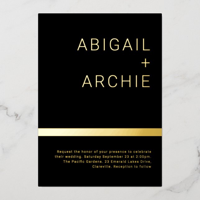 Schwarz & Gold Moderne Minimalistische Hochzeit Go Folieneinladung (Vorderseite)