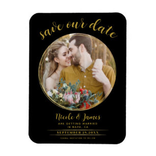Schwarz & Gold Moderne runde Foto-Save-the-Date-Ka Magnet