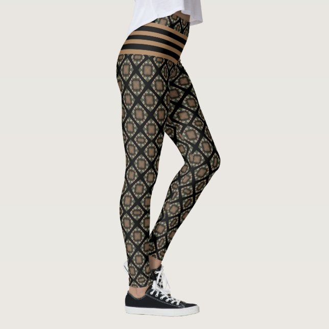 Schwarz & Gold Modernes, klassisches Monogramm-Mus Leggings (Rechts)