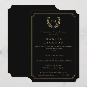 Schwarz/Gold Monogram Laurel Wreath Abschluss Einladung