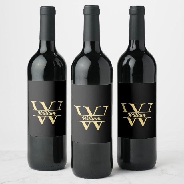 Schwarz-Gold-Monogramm | Eleganter Anfangsname Weinetikett (Flaschen)
